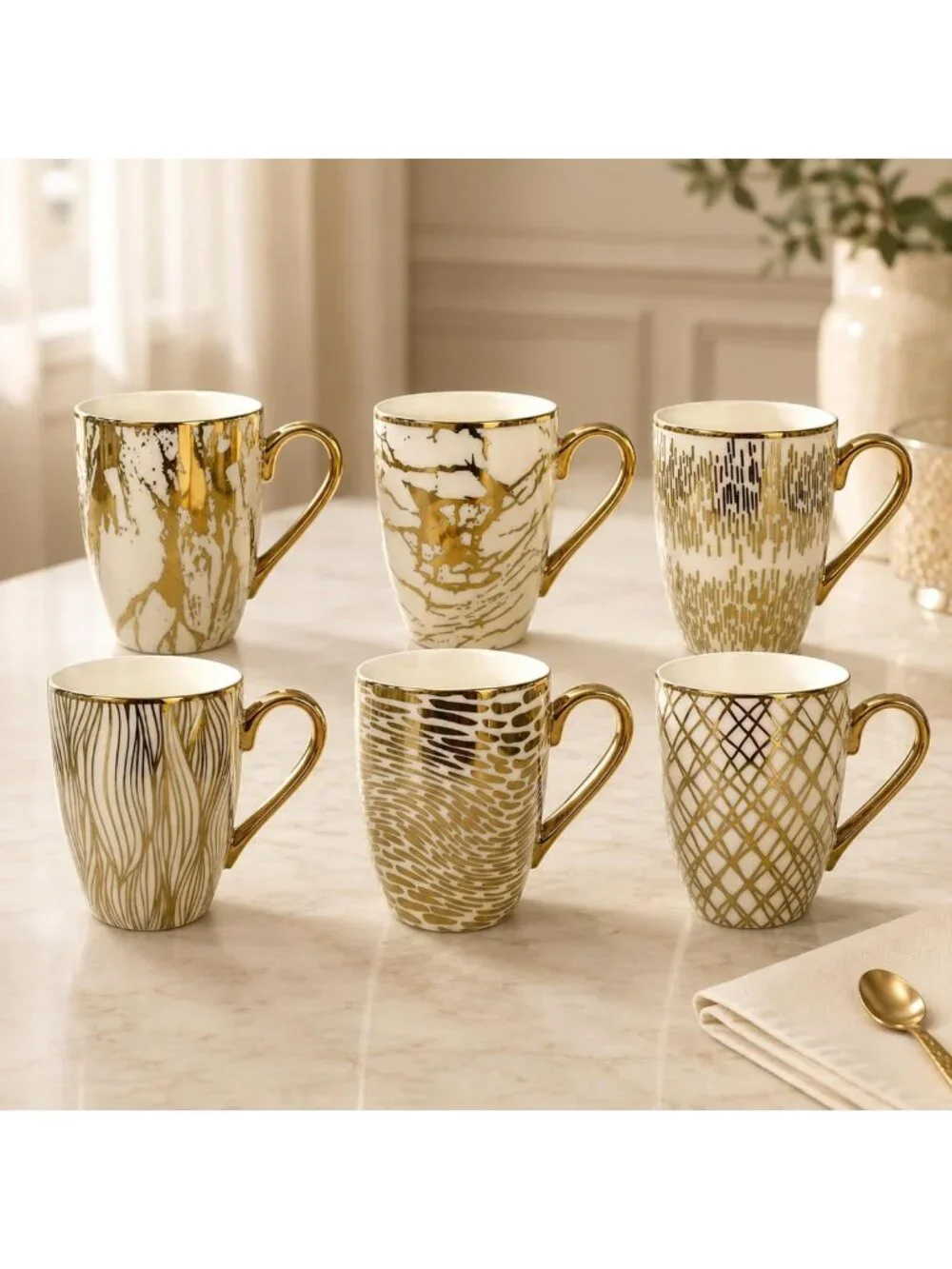 Elegant Gold-Plated Porcelain Coffee & Tea Mug Set - Luxury Drinkware for Dining